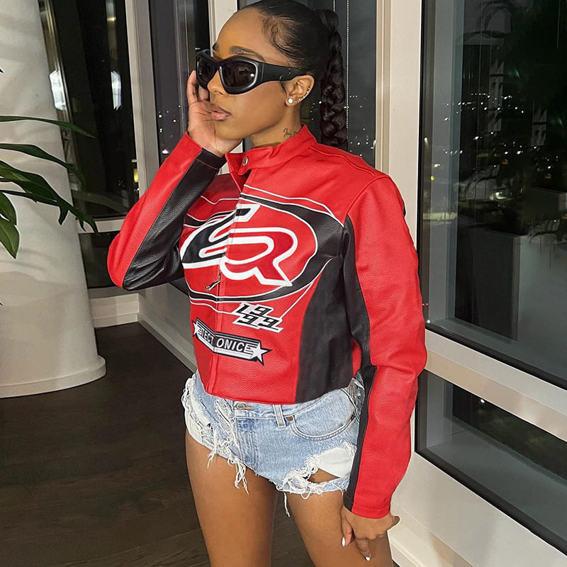 Autumn Winter Cropped Zipper Top Contrast Color Embroidery Short Jacket 2 Autumn Winter Cropped Zipper Top Contrast Color Embroidery Short Jacket - Image 2