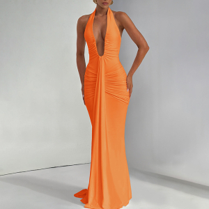 Spring Summer Elegant Deep V Plunge neck Halter Slim Pleated Dress