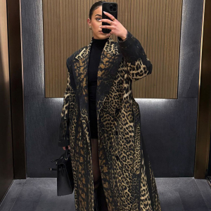 Autumn Winter Collared Print Leopard Print Long Casual Bandage Trench Coat