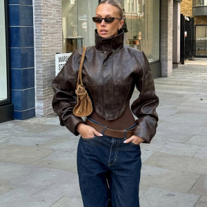 Autumn Winter Slim Slimming High Collar Solid Color Zipper Short Faux Leather Coat