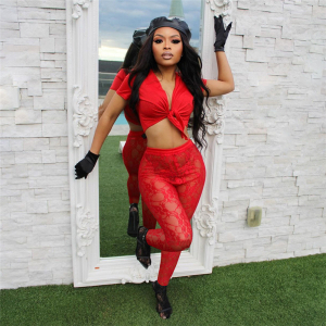 Summer Cropped Tied Top See Through Lace Casual Pants Suit