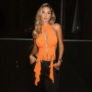 Summer Mesh Hollow Out Cutout Halter Lace up Backless Tassel T shirt Vest