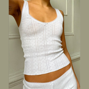 Autumn Winter Hollow Out Cutout Lace Stitching Bow Vest High Waist Casual Shorts Set