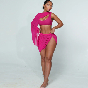 Fall Mesh Unilateral Long Sleeves Cropped Top Fold Split Skirt Outfit