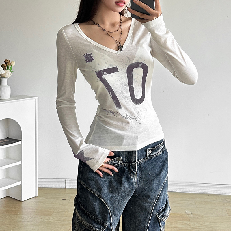 Autumn See through Slim Fit V neck Printed Long Sleeved T shirt Top 2 Autumn See Through Slim Fit V Neck Printed Long Sleeved T Shirt Top - Image 2