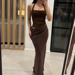 Autumn Winter Slim Fit Backless Lace Up Halter Dress Solid Color Dress