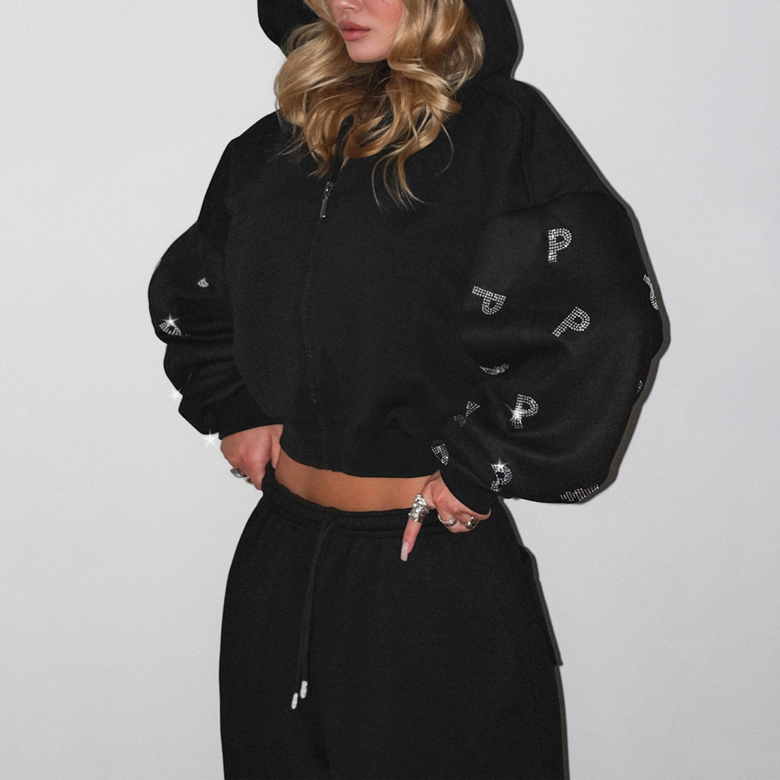 Autumn Winter Letter Graphic Rhinestone Hooded Sweater Loose Straight Trousers Set 3 Autumn Winter Letter Graphic Rhinestone Hooded Sweater Loose Straight Trousers Set - Image 3