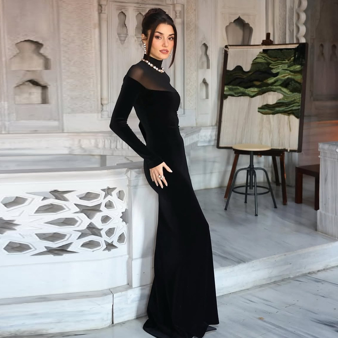 Autumn Winter High Collar Long Sleeve Elegant Graceful Slim Solid Color Slimming Dress 5 Autumn Winter High Collar Long Sleeve Elegant Graceful Slim Solid Color Slimming Dress - Image 5