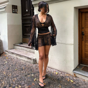 Autumn Winter V Neck Waist Controlled Top Hip Skirt Lace Stitching Set