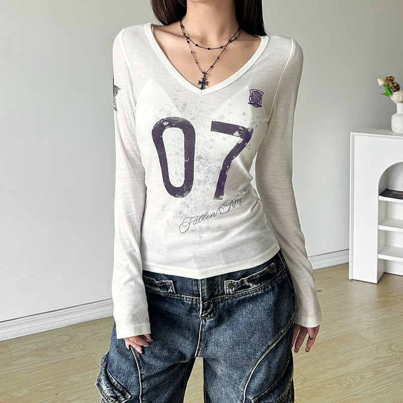 Autumn See through Slim Fit V neck Printed Long Sleeved T shirt Top 3 Autumn See Through Slim Fit V Neck Printed Long Sleeved T Shirt Top - Image 3