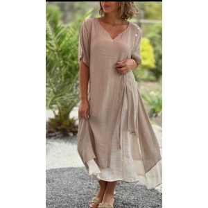 V Neck Short Sleeve Faux Two Piece Asymmetric Dress