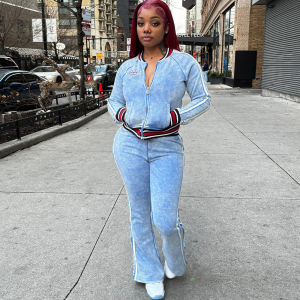 Fall Striped Color Matching Long Sleeved Top Bootcut Pants Casual Two Piece Sets