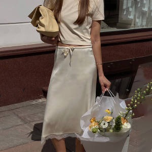 French Lace Stitching Satin Skirt Solid Color High Waist Slim Fit