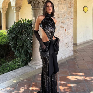 Autumn Winter Backless Hollow Out Cutout Stitching Maxi Elegant Sequin Dress