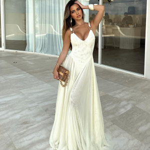Spring Slim V Neck Backless Strap Mesh Dress