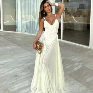 Spring Slim V neck Backless Strap Mesh Dress