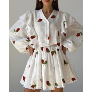 Cotton Linen Ruffled Strawberry Printed Short Skirt Set