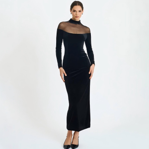 Autumn Winter Wear Voile See Through Stitching Tight Solid Color Dress