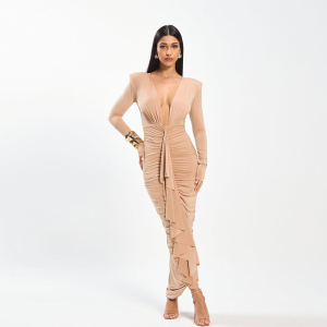 Deep V Plunge Pleated Design Elegant Slim Hip Bag Dress