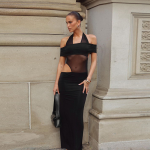 Spring Halter Mesh Slim Fit Patchwork Backless See Through Dress