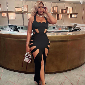 Spring Hollowed Out Low Collar High Waist Sheath Slit Slim Fitting Maxi Dress