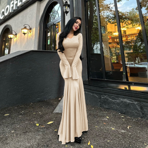 Autumn Winter Round Neck Waist Trimming Flared Long Sleeve Dress Elegant Fishtail Solid Color Dress