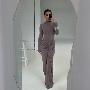 Autumn Winter Slimming Beam Waist Solid Color Maxi Pleated Dress