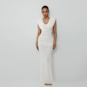Elegant Fitted Waist Pleated Design Swing Collar Solid Color Dress
