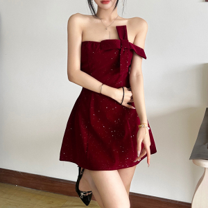 Winter Slim Fit Backless Tube Top Bowknot Short Dress Solid Color Zipper Sequin Dress