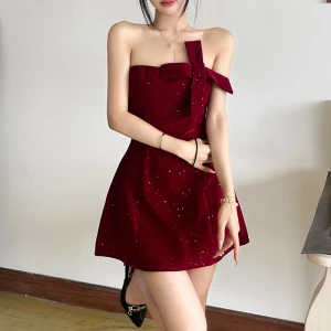 Winter Slim Fit Backless Tube Top Bowknot Short Dress Solid Color Zipper Sequin Dress