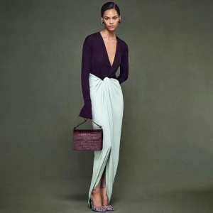 Autumn Winter Elegant Deep V Plunge Neck Long Sleeve Split Maxi Dress