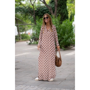 Fashionable V Neck Printed Long Sleeved Dress