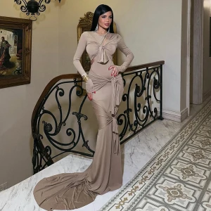 Summer Slim Hollow Out Cutout Long Sleeve Solid Color Elegant Maxi Dress