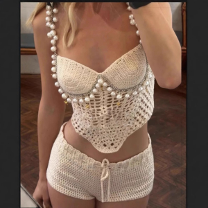 Spring Summer Solid Color Crop Top Spaghetti Strap Beaded Top Short Sets