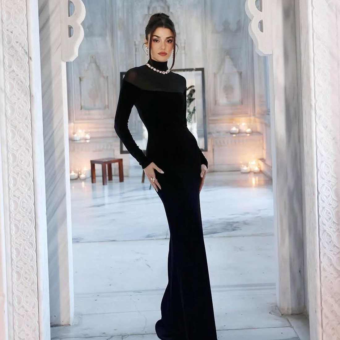 Autumn Winter High Collar Long Sleeve Elegant Graceful Slim Solid Color Slimming Dress 4 Autumn Winter High Collar Long Sleeve Elegant Graceful Slim Solid Color Slimming Dress - Image 4