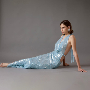 Winter Sequined Swing Collar Backless Halter Self Tie Slit Dress