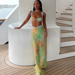 Spring Printing Color Contrast Tied Top High Waist Skirt Three Piece Sets