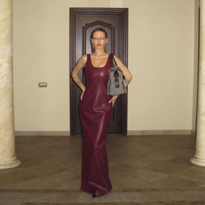 Autumn U Collar Slim Strap Faux Leather Solid Color Split Maxi Dress