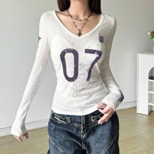 Autumn See through Slim Fit V neck Printed Long Sleeved T shirt Top
