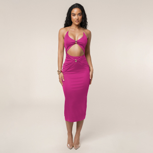 Summer Halter Cut Out Slim Solid Color Deep V Plunge Dress