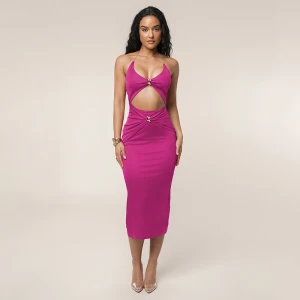 Summer Halter Cut Out Slim Solid Color Deep V Plunge Dress