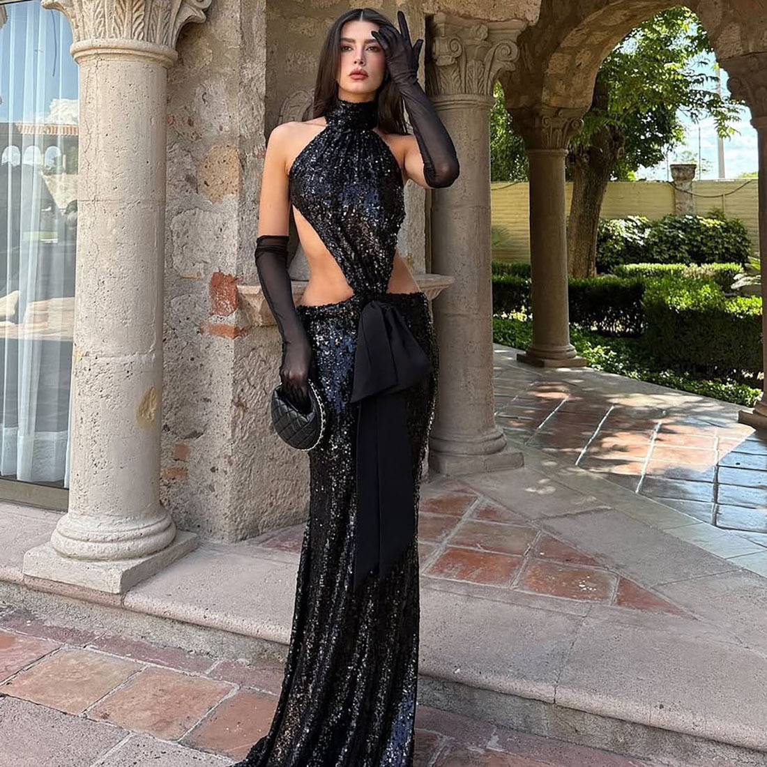 Autumn Winter Backless Hollow Out Cutout Stitching Maxi Elegant Sequin Dress 4 Autumn Winter Backless Hollow Out Cutout Stitching Maxi Elegant Sequin Dress - Image 4