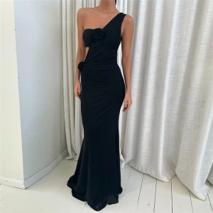 Spring Oblique Shoulder Hollow Out Cutout Slim Slimming Floral Decoration Solid Color Dress