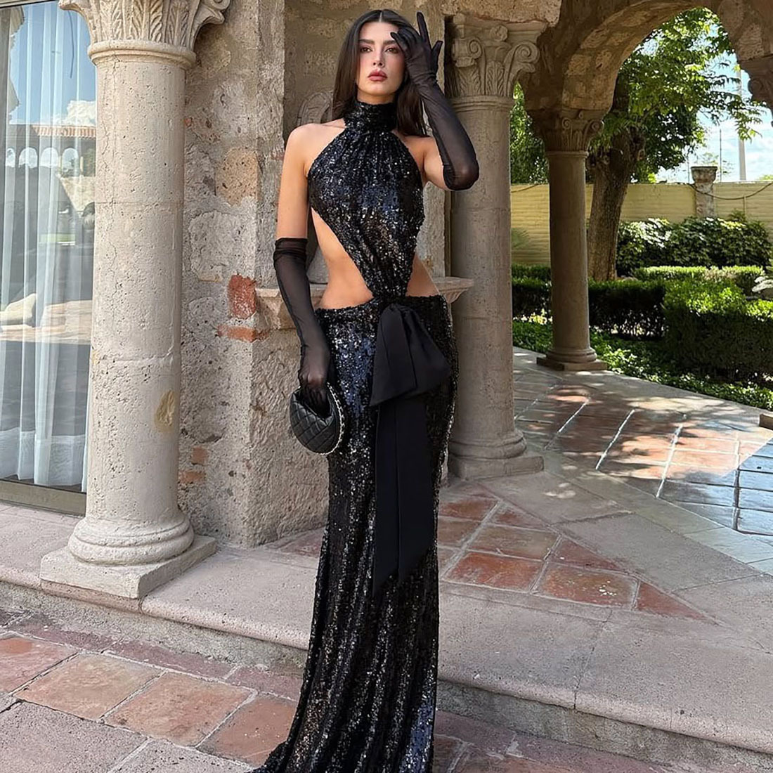 Autumn Winter Backless Hollow Out Cutout Stitching Maxi Elegant Sequin Dress 2 Autumn Winter Backless Hollow Out Cutout Stitching Maxi Elegant Sequin Dress - Image 2