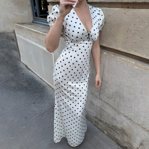 V Neck Waist-Controlled Lace Up Puff Sleeve Polka Dot Elegant Slim Maxi Dress
