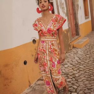 V Neck Flounce Slit Positioning Floral Backless Dress
