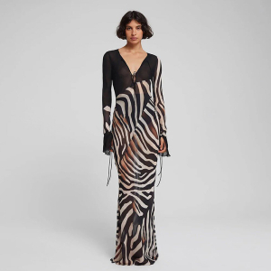 Summer Color Contrast Printed V Neck Mesh Long Sleeve Dress