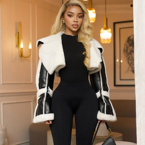 Street Faux Leather Stitching Short Fur Collar Cropped Coat