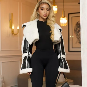 Street Faux Leather Stitching Short Fur Collar Cropped Coat