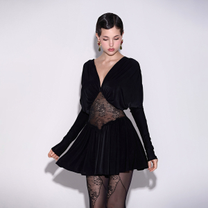 Autumn Lace See Through V Neck Patchwork Long Sleeve Short Elegant Dress